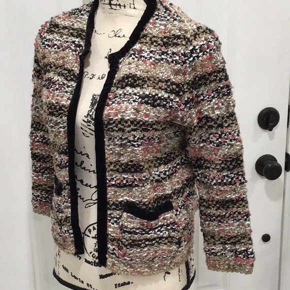 🆕 MNG Tweed Velvet Trim Blazer Open Front Two Pockets 3/4 Sleeves P2P 18” - Picture 5 of 12